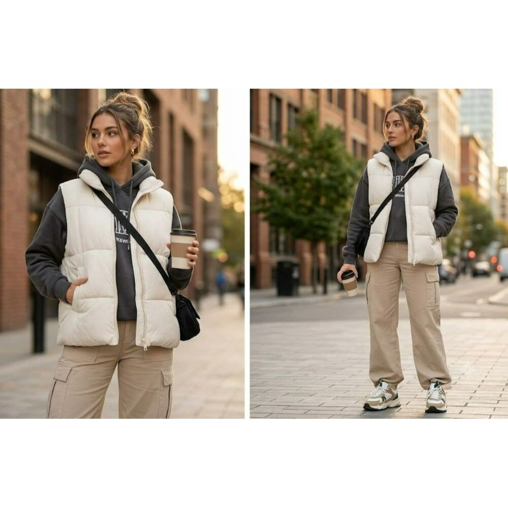 Zara Puffer Vest Womens XL Cream Off White Full Zip Quilted Body Warmer Gilet